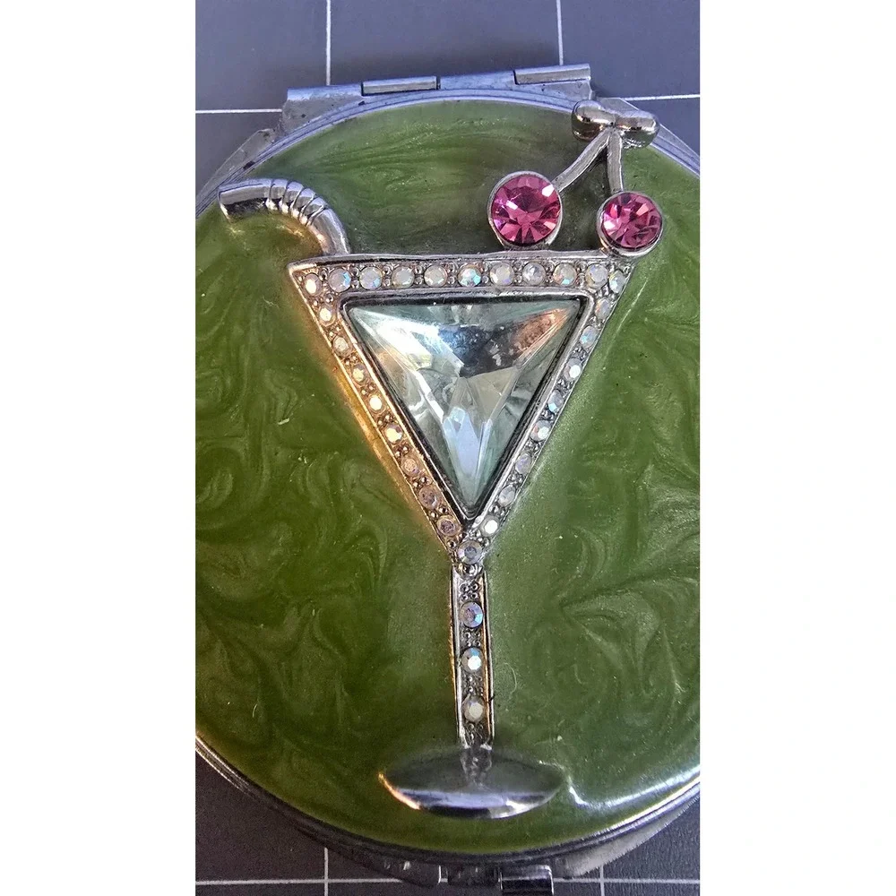Green Enamel Martini Glass Rhinestone Compact Folding Pocket Mirror